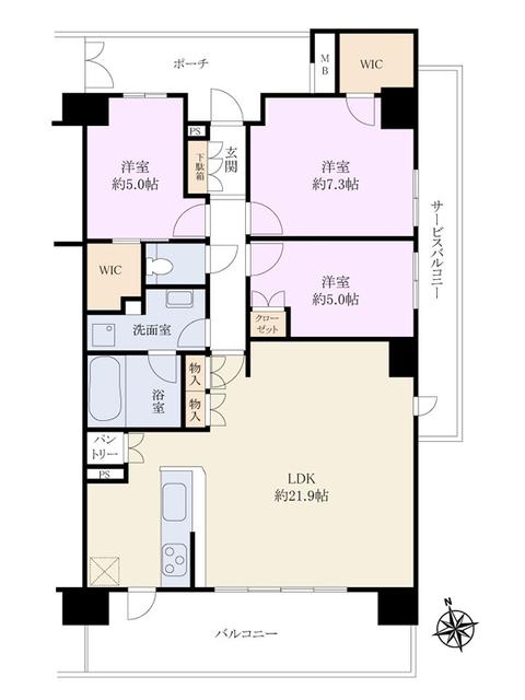 Floor plan. 3LDK, Price 60,500,000 yen, Occupied area 85.79 sq m , Balcony area 15 sq m Brillia Hibarigaoka Floor
