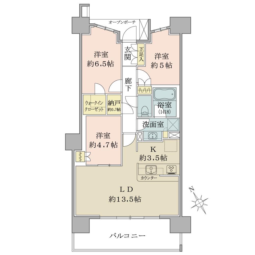 Floor plan. 3LDK, Price 33,500,000 yen, Occupied area 73.85 sq m , Balcony area 13.5 sq m 3LDK ・ 73 sq m , There is a walk-in closet and the closet, Storage is abundant.