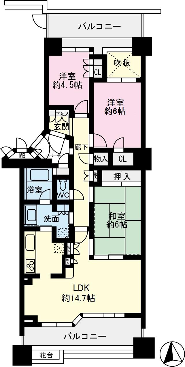Floor plan. 3LDK, Price 32,800,000 yen, Occupied area 71.68 sq m , Balcony area 19.25 sq m