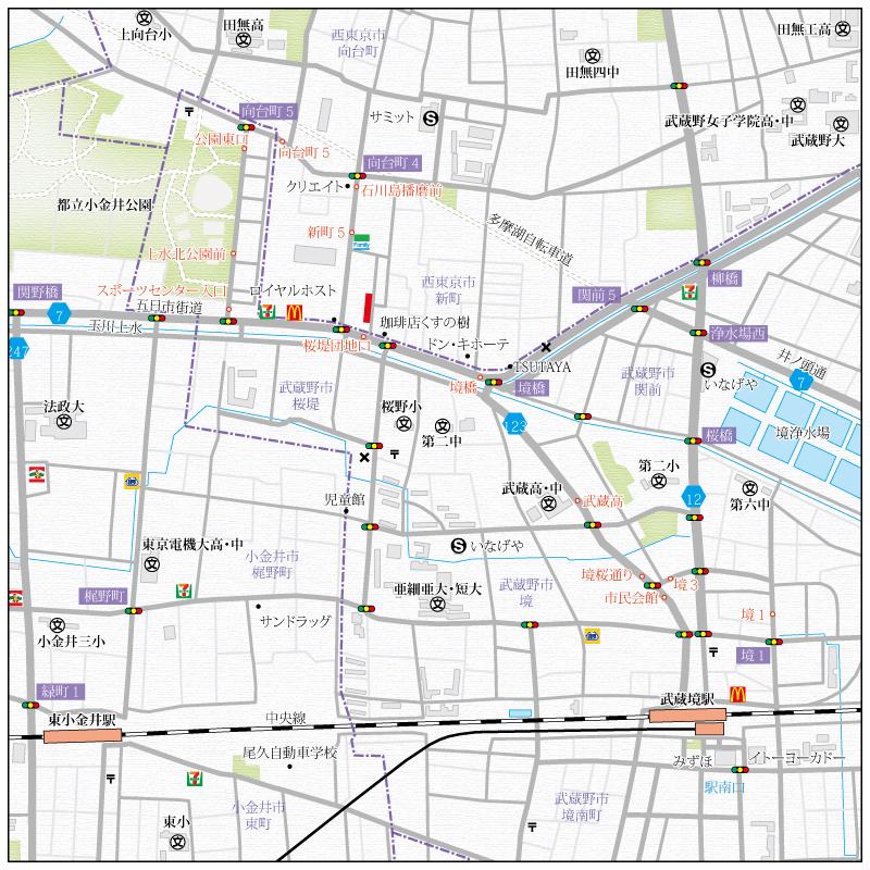 Local guide map.  [Local guide map] By JR Chuo Line "Musashisakai" station within walking distance, Living environment of a well-equipped area close to Koganei Park.