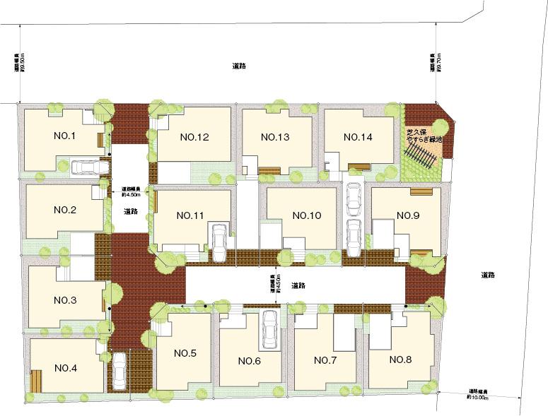 The entire compartment Figure. Roads and green space and garden ・ With lots and are brick, such as in a parking lot. This special bricks there is water retention effect, The road surface temperature has the effect of lower than 15 degrees. Adoption is the first time this subdivision in Japan of public roads!