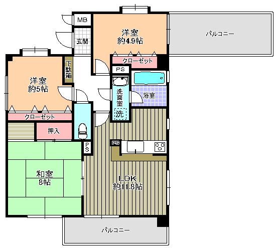 Floor plan. 3LDK, Price 48,800,000 yen, Occupied area 66.06 sq m , Balcony area 7.42 sq m floor plan