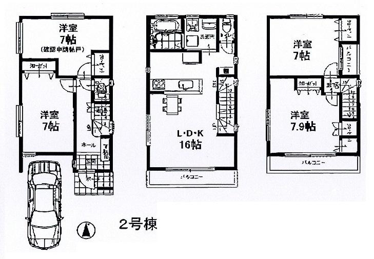 Floor plan. (Building 2), Price 40,800,000 yen, 4LDK, Land area 75.57 sq m , Building area 106.11 sq m