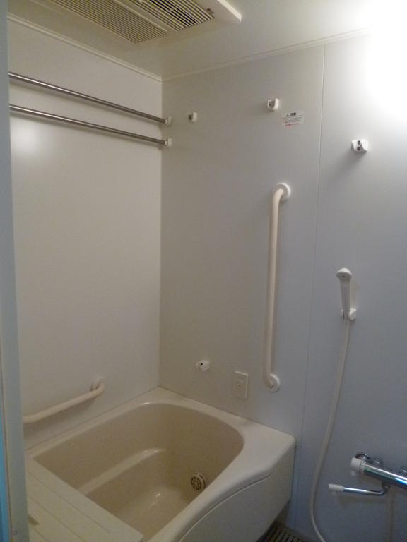 Bath. Bright bathroom. window, handrail, With bathroom ventilation dryer.