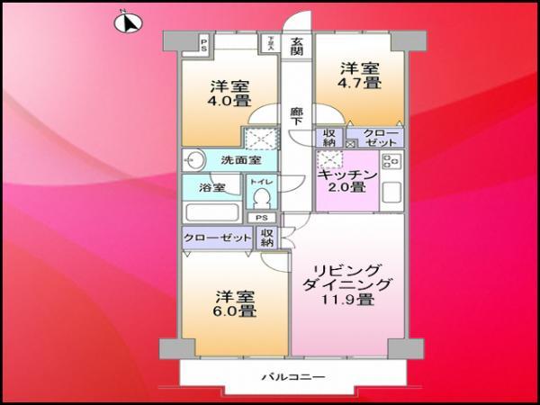 Floor plan. 3LDK, Price 22,800,000 yen, Footprint 61.6 sq m , Balcony area 6.72 sq m