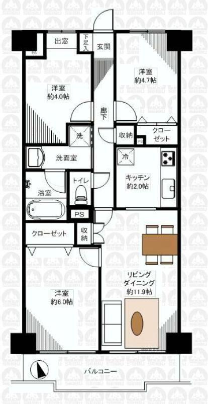 Floor plan. 3LDK, Price 22,800,000 yen, Footprint 61.6 sq m , Balcony area 6.72 sq m balcony facing south