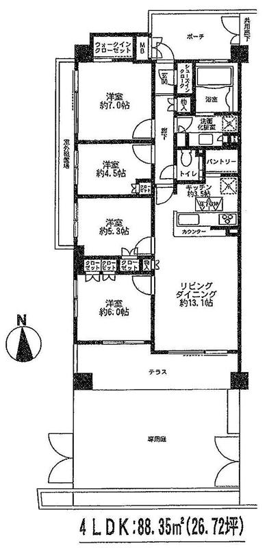 Floor plan. 4LDK, Price 37,800,000 yen, Occupied area 88.35 sq m , Balcony area 12.09 sq m