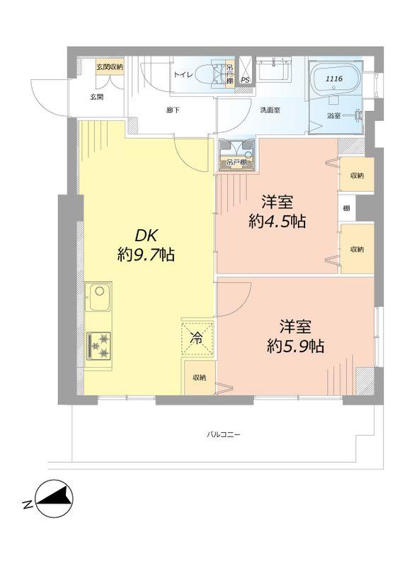 Floor plan. 2DK, Price 18,980,000 yen, Occupied area 48.73 sq m , Balcony area 9.59 sq m