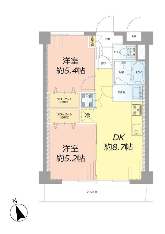 Floor plan. 2DK, Price 14,980,000 yen, Occupied area 43.74 sq m , Balcony area 4.86 sq m