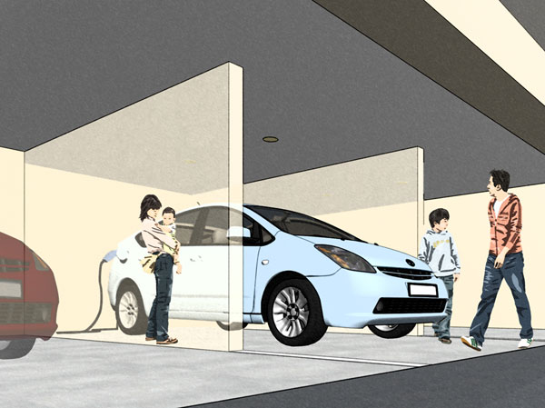 Buildings and facilities. Ensure the four minutes of on-site parking. Also 2 car mini bike shelter, Bicycle parking lot was also established the 35 cars. (EV charging Parking Rendering Illustration)