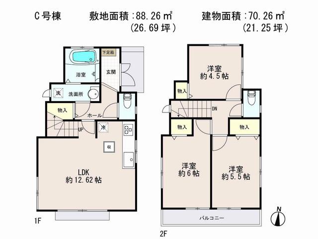 Floor plan. (C Building), Price 34,800,000 yen, 3LDK, Land area 88.25 sq m , Building area 70.26 sq m