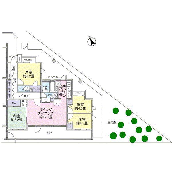Floor plan. 4LDK, Price 40,800,000 yen, Occupied area 82.67 sq m , Part of the balcony area 4.52 sq m garden is planted planted by the management union. Facing the whole room balcony or terrace.