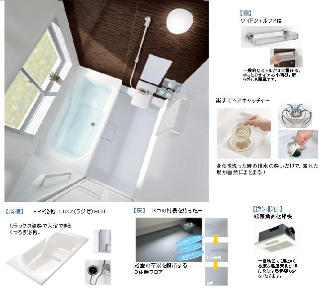 Power generation ・ Hot water equipment. FRP bathtub LUXZ (Luxe) tub relaxation can bathe in the 800 ... relax attitude. Three 3-experience the floor to eliminate the frustration of the floor ... bathroom with a Features.