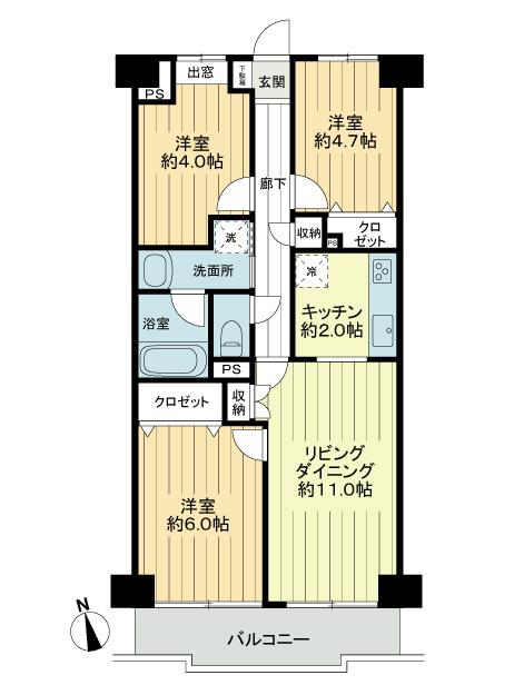 Floor plan. 3LDK, Price 22,800,000 yen, Footprint 61.6 sq m , Balcony area 6.72 sq m