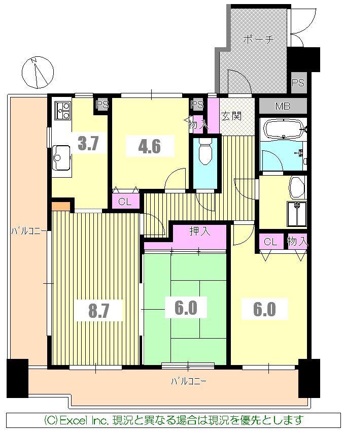 Floor plan. 3DK, Price 14.8 million yen, Occupied area 68.44 sq m , Balcony area 10.98 sq m