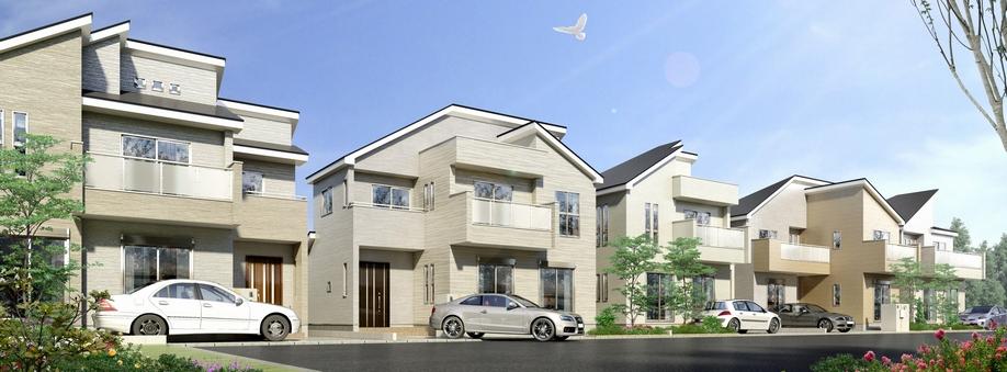 All Shitsuminami facing 4LDK All 14 buildings facing the wide road of the city skyline Rendering width 6m utilizing the grounds of the wide frontage (3 ・ Except for the 4 Building). Ensure a 2 car all building car space