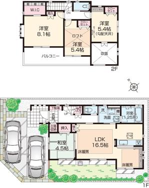 12 Building ・ 4LDK + loft Land area / 124.87 sq m  Building area / 98.39 sq m  ・ Set up a Japanese-style to 16.5 mats of LDK can be used for many purposes adjacent ・ Set up a counter in the bright dining decor atrium. Or put a personal computer, Also in the space your child to do homework ・ It established the WIC to 8.1 tatami Master Bedroom