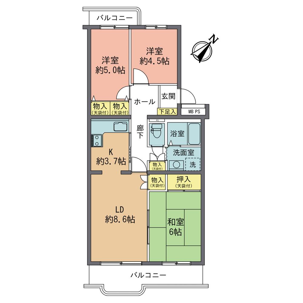 Floor plan. 3LDK, Price 8.6 million yen, Occupied area 65.49 sq m , Balcony area 10.71 sq m