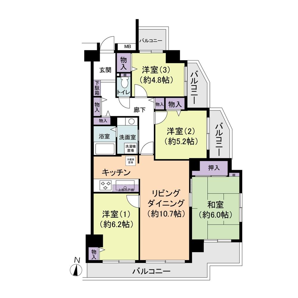 Floor plan. 4LDK, Price 9.8 million yen, Occupied area 82.41 sq m , Three-sided lighting angle dwelling unit facing the balcony area 19.56 sq m All rooms have balcony