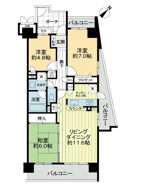 Floor plan. 3LDK, Price 22 million yen, Footprint 72.6 sq m , Balcony area 19.52 sq m