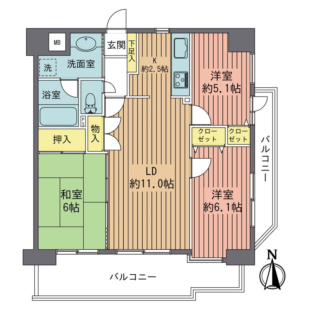 Floor plan. 3LDK, Price 12.8 million yen, Occupied area 64.93 sq m , Balcony area 16.75 sq m