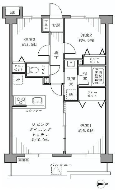 Floor plan. 3LDK, Price 36,800,000 yen, Occupied area 54.07 sq m , Balcony area 7.7 sq m