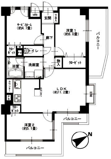 Floor plan. 2LDK+S, Price 41,900,000 yen, Occupied area 61.31 sq m , Balcony area 15.42 sq m