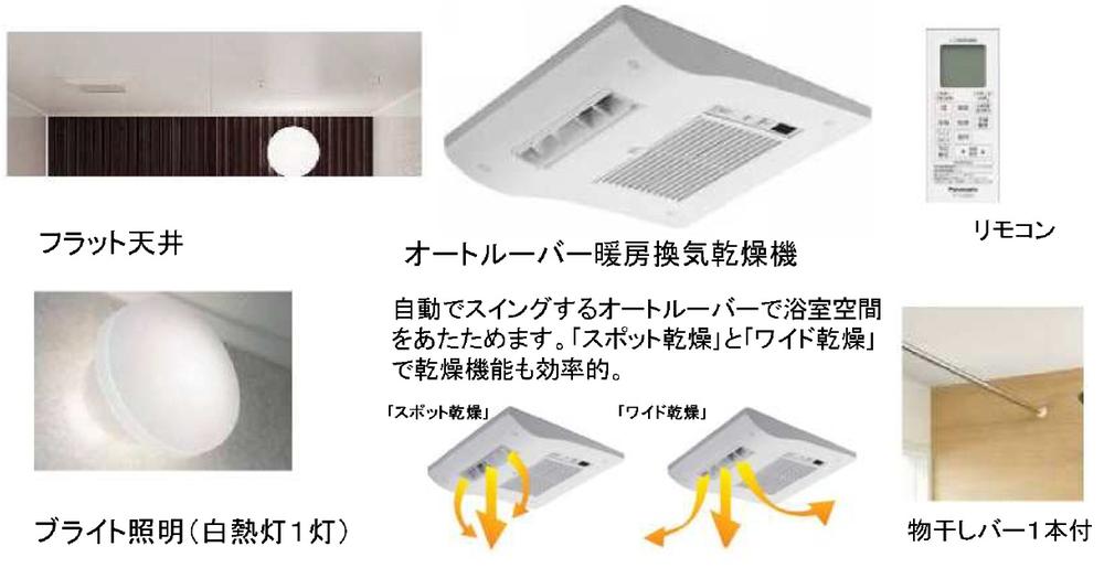 Other Equipment. ・ Flat ceiling ・ Bright lighting (incandescent lamp 1 lamp) ・ Auto louver heating ventilation dryer Warm and the bathroom space in the auto louver to swing automatically. Also efficient drying function "spot dry" and in the "wide dry". ・ Clothes bar one with. ・ Remote controller.
