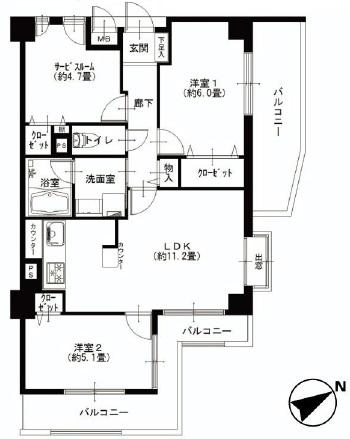 Floor plan. 2LDK+S, Price 41,900,000 yen, Occupied area 61.31 sq m , Balcony area 15.42 sq m