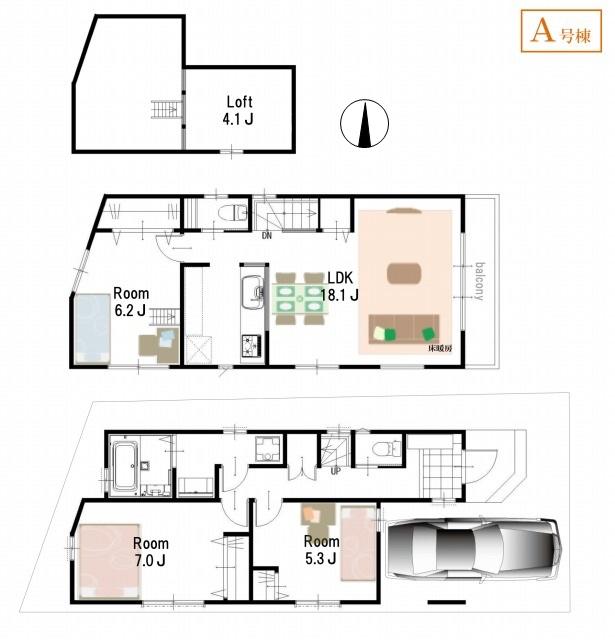 Floor plan. (A Building), Price 44,800,000 yen, 3LDK, Land area 76.64 sq m , Building area 84.1 sq m