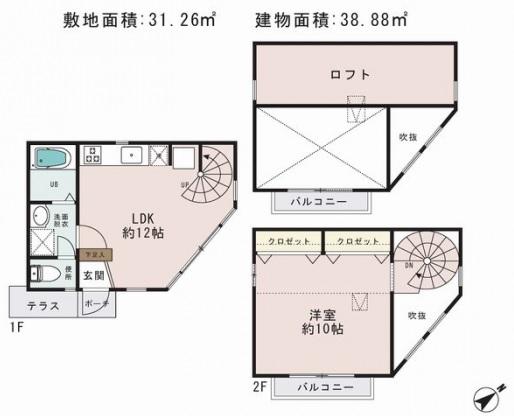 Floor plan. 23.8 million yen, 1LDK, Land area 31.26 sq m , Building area 38.88 sq m with loft! High ceiling height, You can use spacious space.