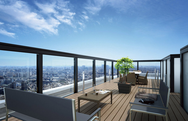 Features of the building.  [Sky Terrace Rendering CG]  ※ Local RF floor (the ground about 77m) east from the corresponding ・ In fact a somewhat different in the CG synthesis of the draw and raised the Sky Terrace on the basis of the drawings and view photos (November 2012 shooting) overlooking the southeast.