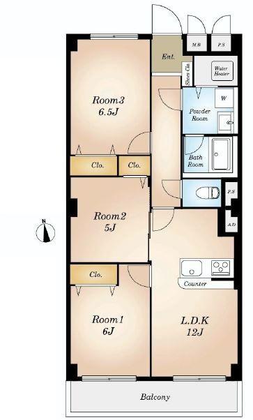 Floor plan. 3LDK, Price 31,980,000 yen, Occupied area 64.32 sq m , Good Floor balcony area 7.89 sq m usability