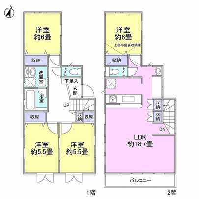 Floor plan. 4LDK type First floor south side is running door. 2 floor heating dihedral, Living gradient