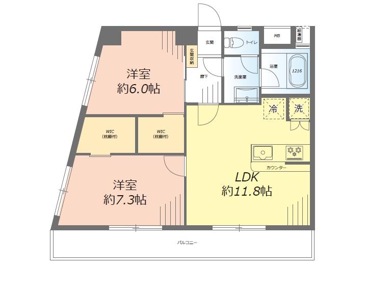 Floor plan. 2LDK, Price 23,990,000 yen, Occupied area 54.54 sq m floor plan