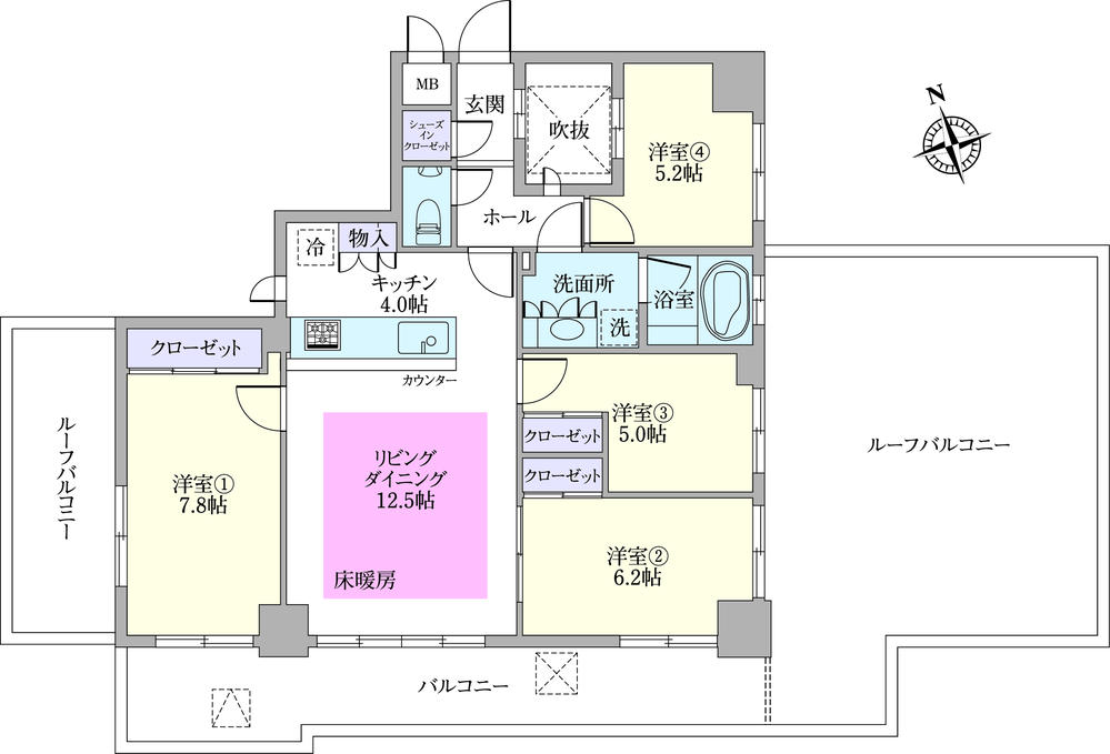 Floor plan. 4LDK, Price 53,900,000 yen, Occupied area 84.94 sq m , Balcony area 17.43 sq m spacious 4LDK Occupied area 84.94 sq m  South-facing main three directions room. Spacious with a roof balcony