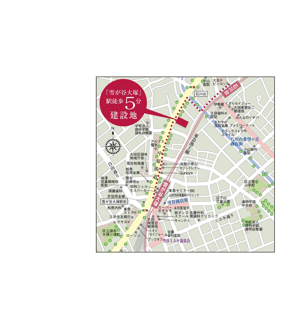 Local guide map. Tokyu Ikegami Line "Yukigayaotsuka" a 5-minute walk from the station.