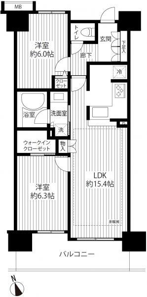 Floor plan. 2LDK, Price 34,800,000 yen, Occupied area 61.19 sq m , Balcony area 9.98 sq m