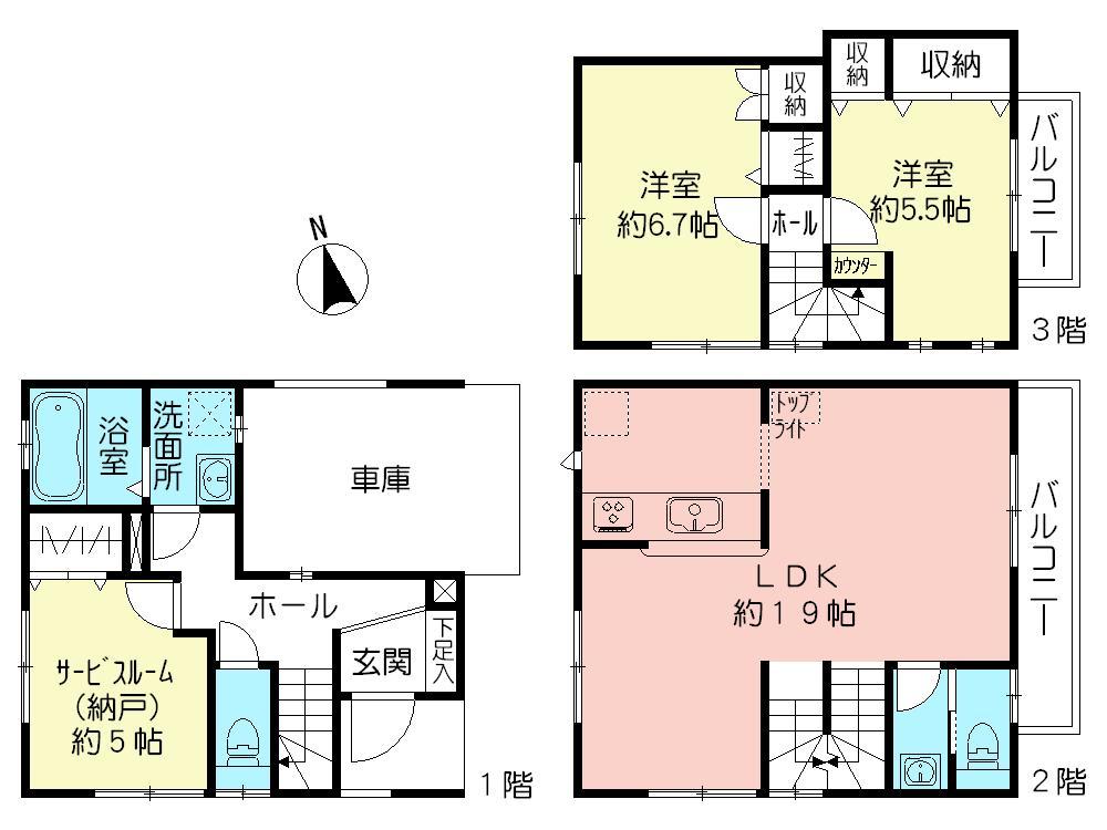 Floor plan. (Building 2), Price 44,800,000 yen, 2LDK+S, Land area 66.35 sq m , Building area 100.43 sq m