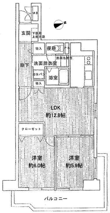 Floor plan. 2LDK, Price 22,800,000 yen, Occupied area 56.02 sq m , Balcony area 10.41 sq m