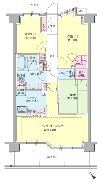 Floor: 3LDK + WIC, the occupied area: 64.76 sq m