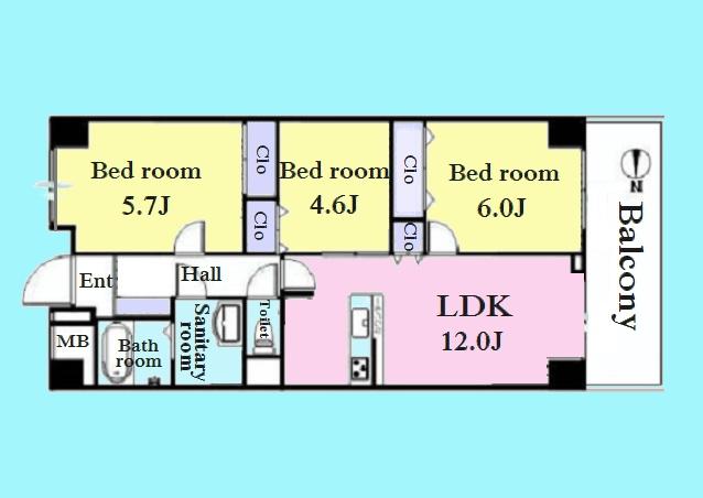 Floor plan. 3LDK, Price 34,900,000 yen, Footprint 64 sq m , Balcony area 7.28 sq m