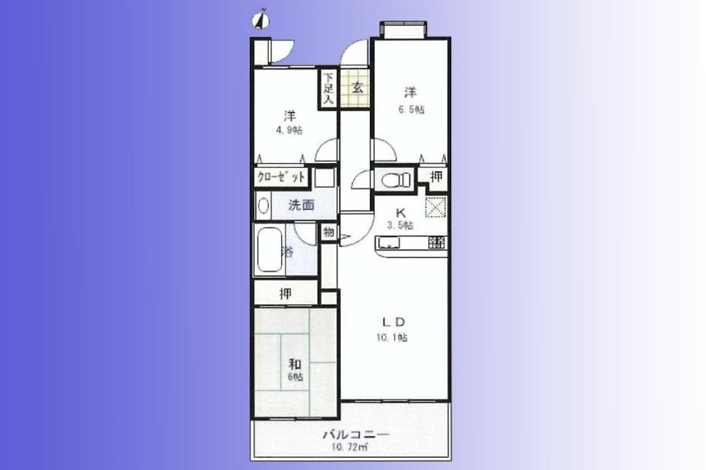 Floor plan. 3LDK, Price 37.5 million yen, Footprint 70.4 sq m , Good per sun per balcony area 10.72 sq m south-facing balcony.
