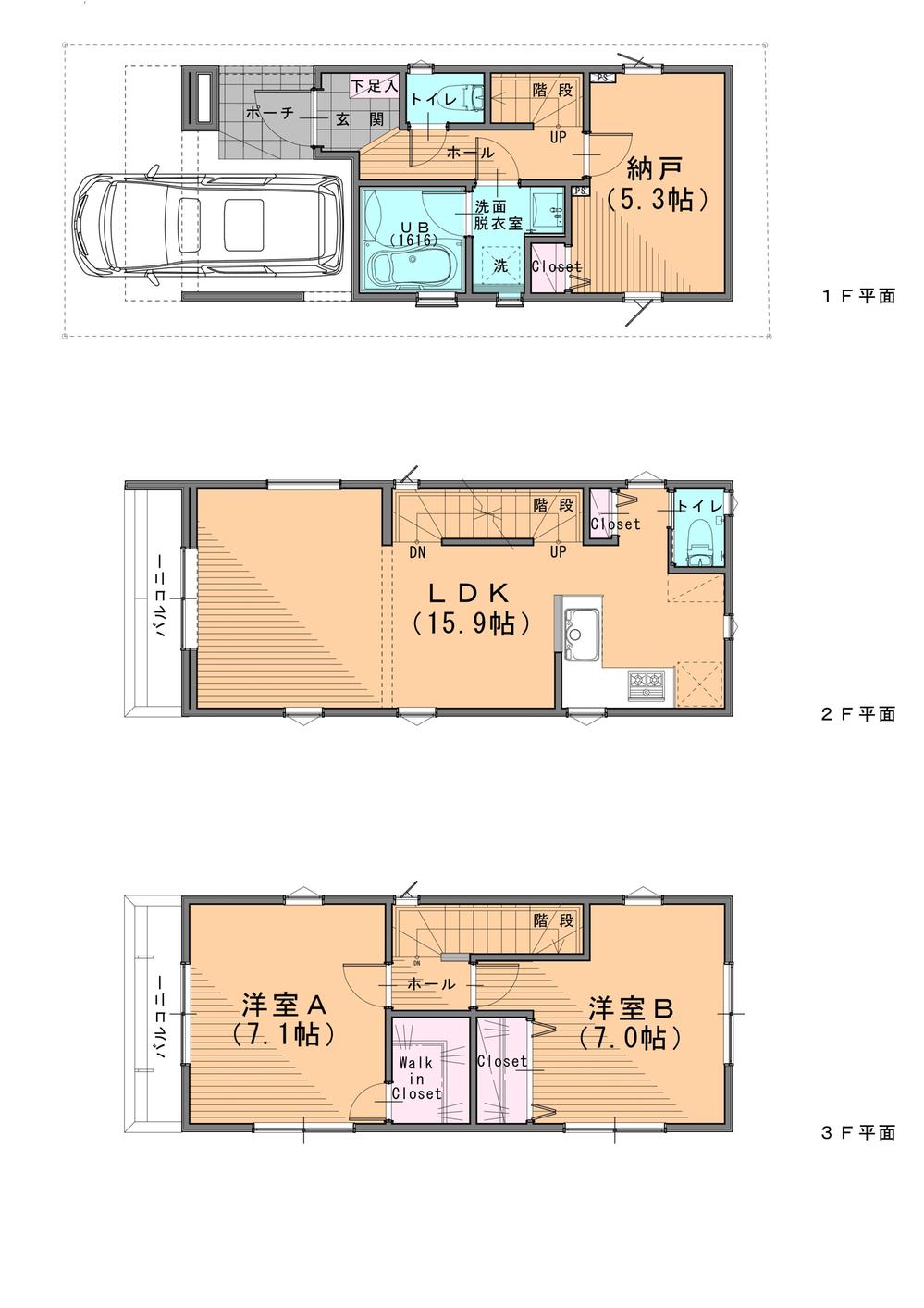 Floor plan. (D ・ E Building), Price 41,900,000 yen, 3LDK, Land area 52.9 sq m , Building area 96.87 sq m