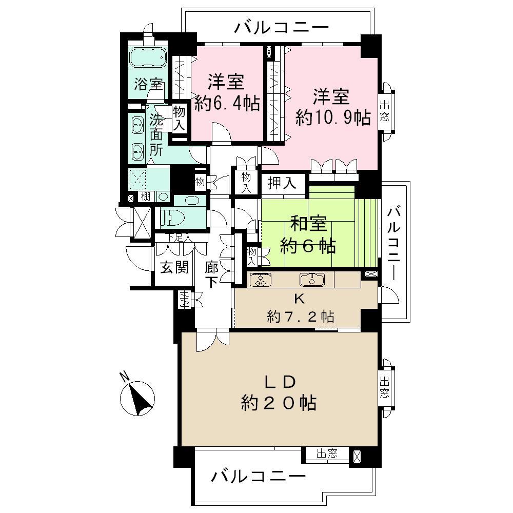 Floor plan. 3LDK, Price 69,800,000 yen, Footprint 130.28 sq m , Balcony area 27.68 sq m easy-to-use 3LDK. What room is also bright!