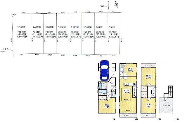 Compartment view + building plan example. Building plan example, Land price 38 million yen, Land area 70.06 sq m , Building price 18.5 million yen, Building area 116.89 sq m