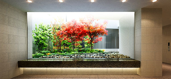 Features of the building.  [Entrance hall] Its previous Entrance, Along with the natural stone stepping stone and cosmetics gravel, Maple has arranged fragrant Tsuboniwa. Through the entrance who arrived back, To see First, During the day, each other to melt and soft natural light, Night emerge along with the impressive lighting the landscape, While in close proximity to the city center, be quiet, Gently it has continued to protect the beauty, It will be a symbol of the aesthetics of this town. (Rendering)