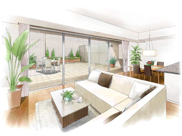 Features of the building.  [Dg type terrace Rendering illustrations] Depth of about 6m of the terrace ・ Family gatherings space a feeling of opening in the sense of unity with the private terrace has been made.