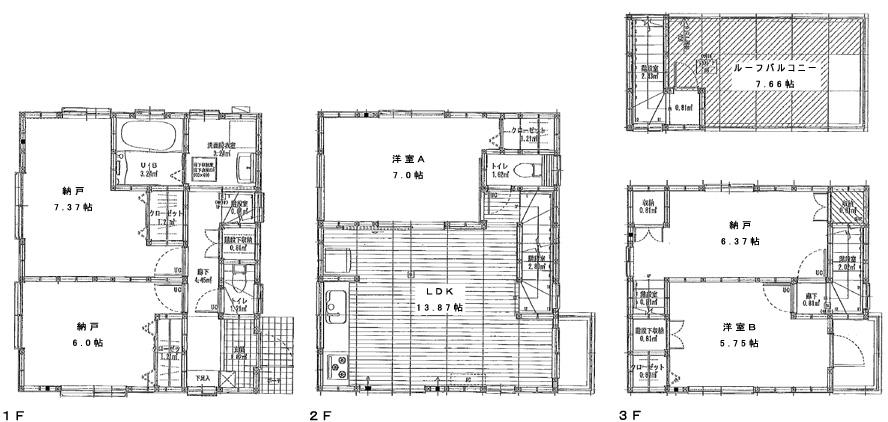 Floor plan. (Building 2), Price 47,300,000 yen, 2LDK+3S, Land area 84.28 sq m , Building area 109.53 sq m