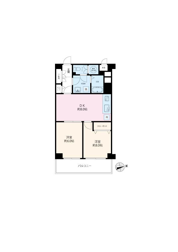 Floor plan. 2DK, Price 21.5 million yen, Occupied area 48.95 sq m , Balcony area 7.7 sq m